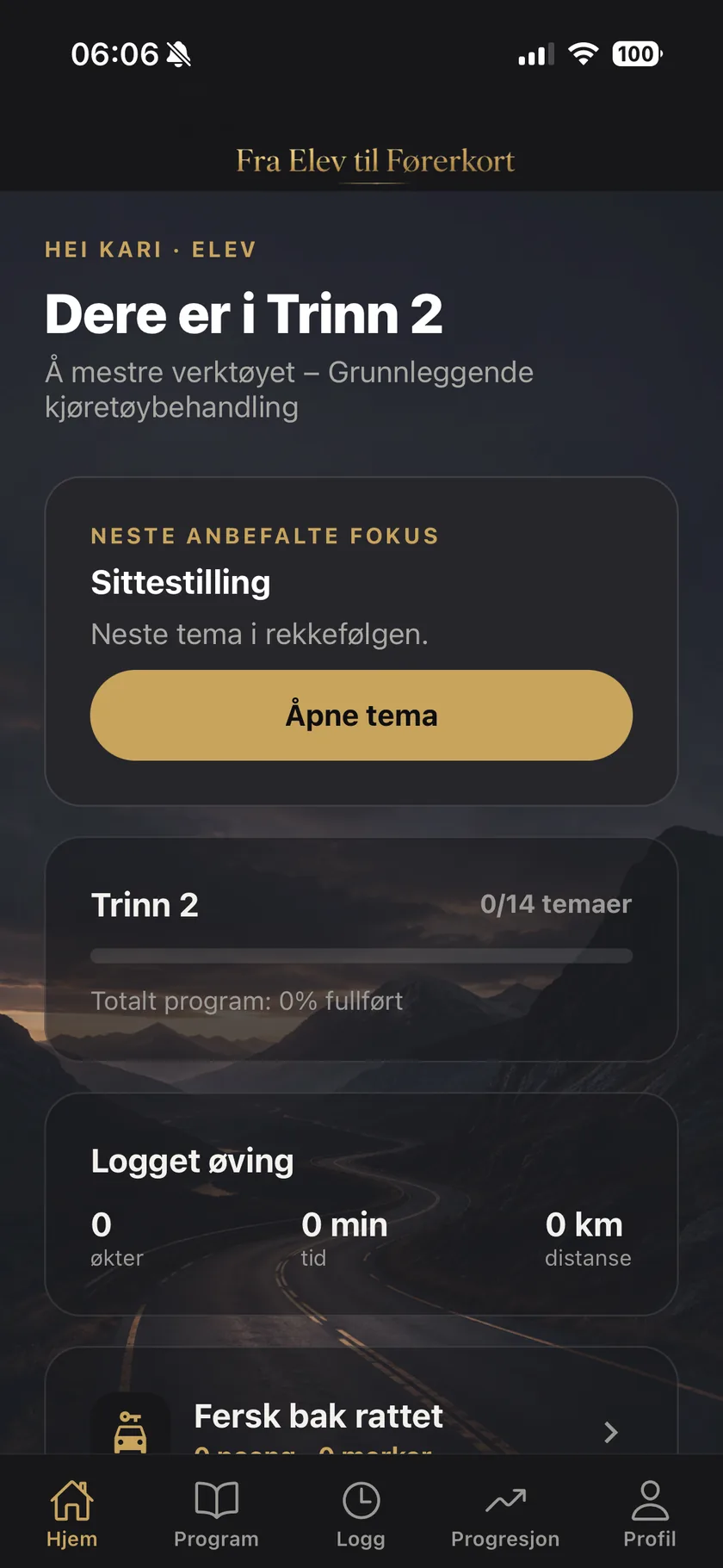 Appens hjemskjerm: neste anbefalte tema og progresjon gjennom Trinn 2
