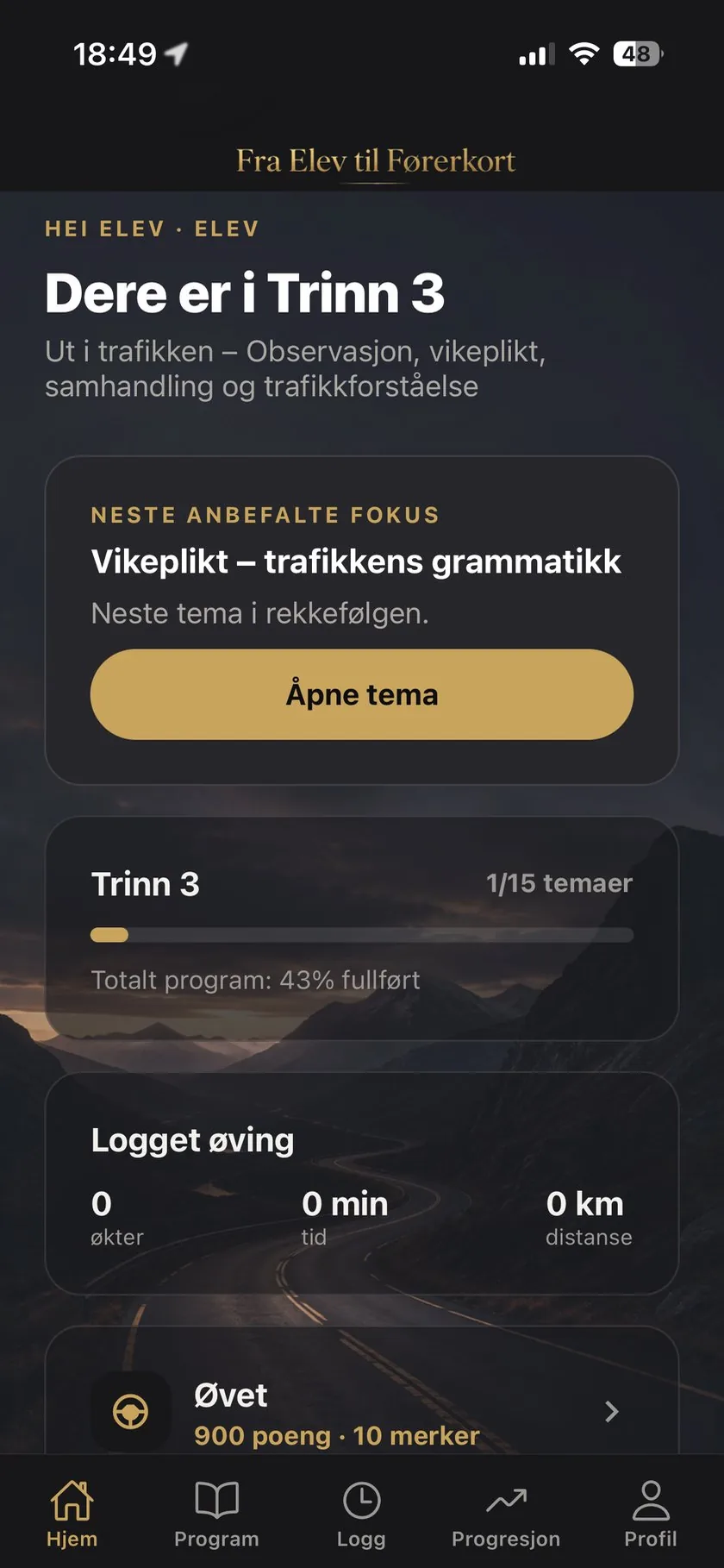 Hjemskjermen: Trinn 3, neste anbefalte tema og 43 % av programmet fullført