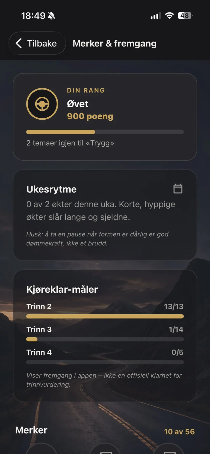 Merker og fremgang: rang, ukesrytme og kjøreklar-måler