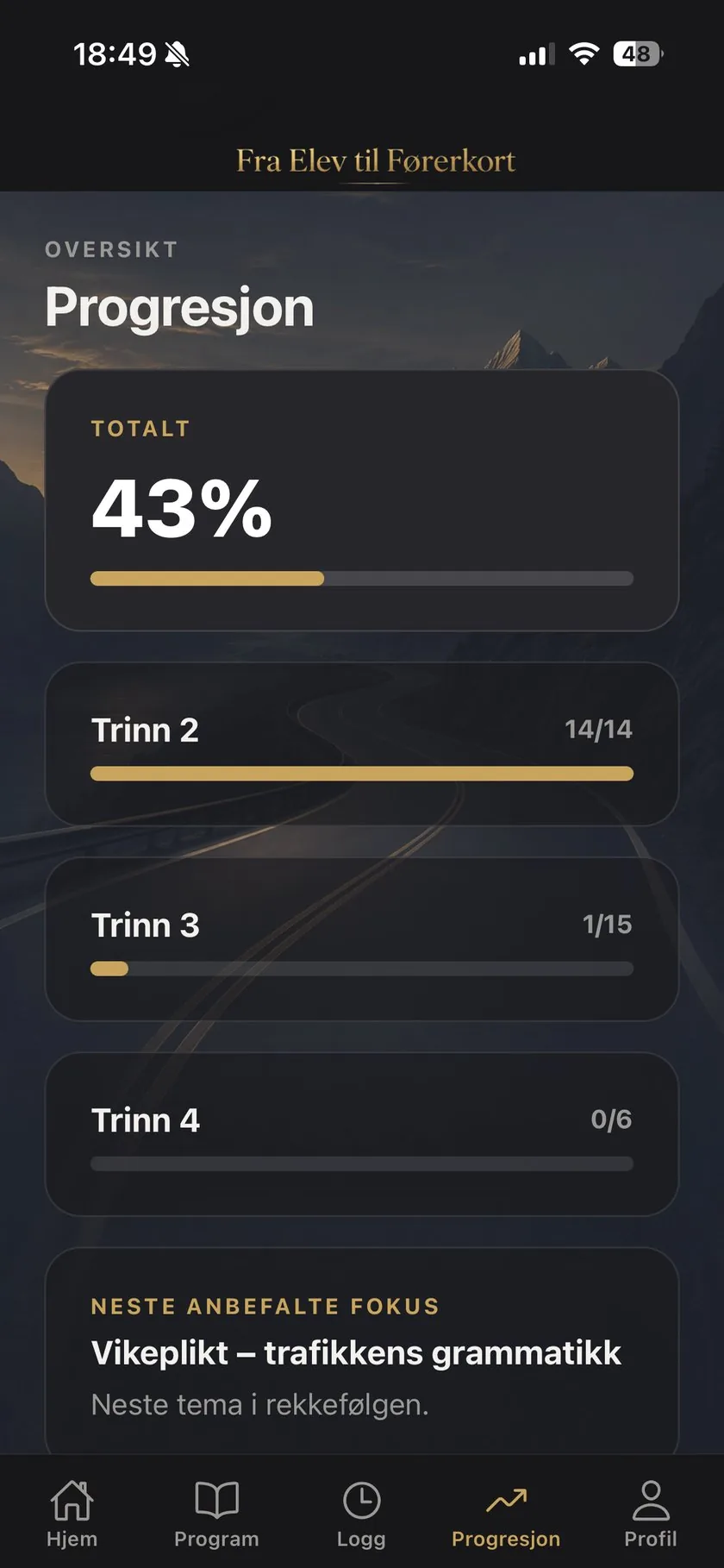Progresjon: 43 % totalt, Trinn 2 fullført med 14 av 14 temaer